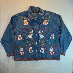 New Direction Denim Jacket Blue Snowman Embroidered Women's Size Medium
